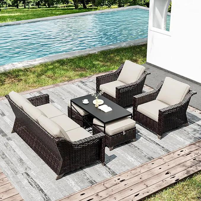 Joyside Wicker Patio Furniture Sets, 6 Pieces Upgraded Large Size Outdoor Furniture with Patio Dining Chairs, 3-Seat Sofa and Outdoor Ottoman, Thick Cushions, Wide Armrest by GreenHaven Gardens