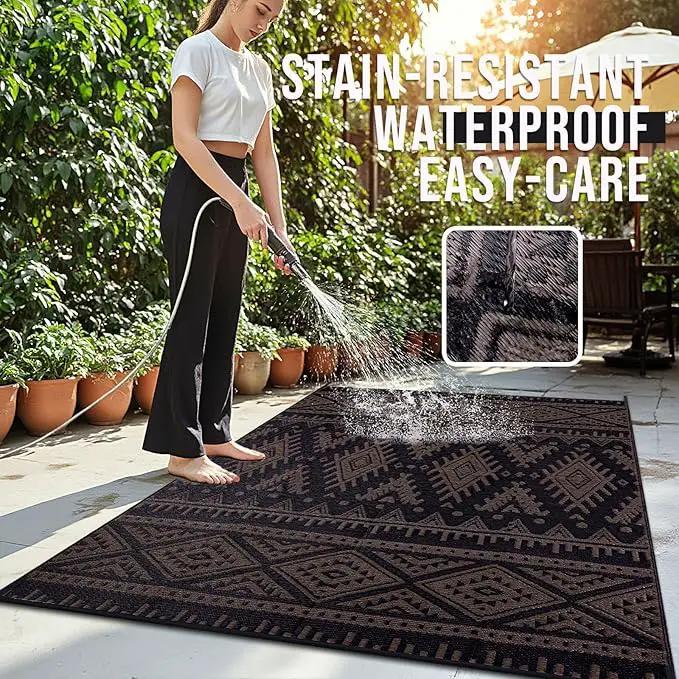 OLANLY Outdoor Rug Waterproof 9x18 ft, Reversible Outdoor Plastic Straw Rug, Boho Patio Rug, Indoor Outdoor Carpet, RV Mat Outside for Patio, Camp, Picnic, Balcony, Deck, Backyard, Black & Brown by GreenHaven Gardens