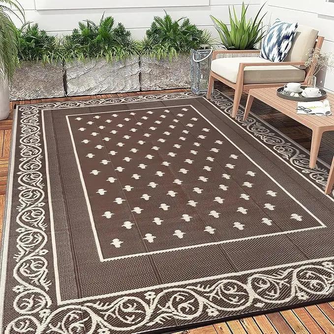 Pauwer Waterproof Outdoor Rug 10x14, Reversible Plastic Straw Patio Camping Rug, Indoor Outdoor RV Mat Carpet for Deck, Camper, Porch, Balcony, Backyard, Picnic, Bordered Brown by GreenHaven Gardens