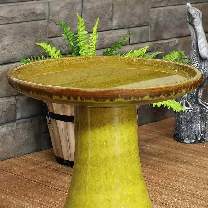 Sunnydaze 21" H Ceramic Bird Bath for Outside - Hand-Painted Outdoor Bird Bath Bowl, UV/Frost-Resistant Finish - Cognac Yellow - Ribbed Pedestal by GreenHaven Gardens