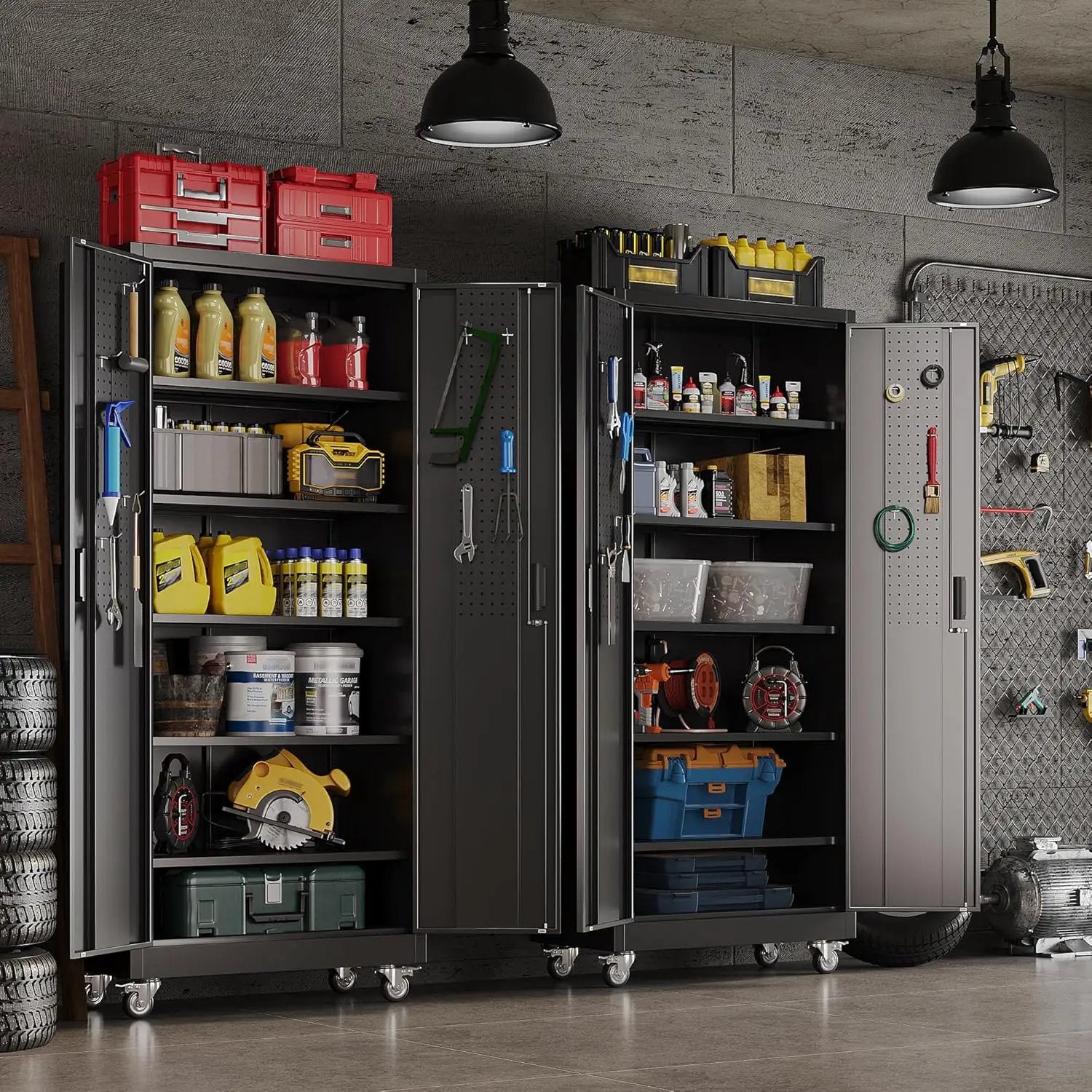 Aobabo 71" H×32" W×16" D Metal Storage Cabinet with Wheels, Garage Steel Storage Cabinet with 5 Adjustable Shelves and 4 Hooks for Home Office, Kitchen, Assembly Required, Black by GreenHaven Gardens