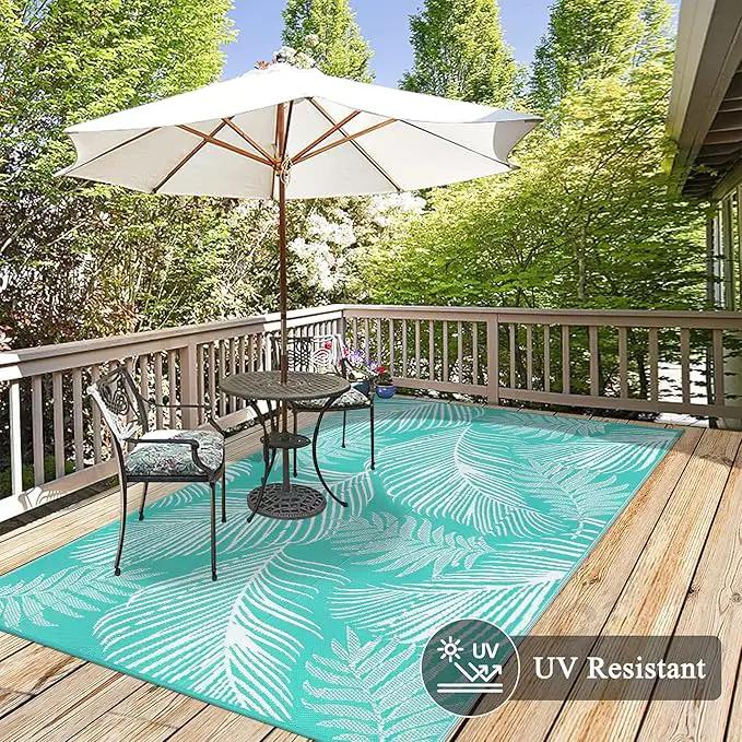 Pauwer Waterproof Outdoor Rug 8x10, Reversible Plastic Straw Patio Camping Rug, Indoor Outdoor RV Mat Carpet for Deck, Camper, Porch, Balcony, Backyard, Picnic, Leaf Light Blue by GreenHaven Gardens