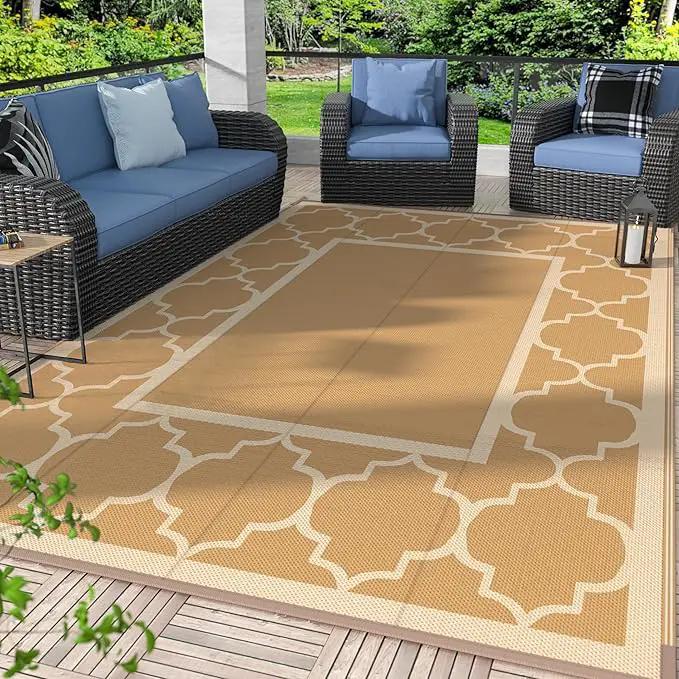 GENIMO 9' x 12' Outdoor Rug for Patio Clearance, Waterproof Indoor Outdoor Plastic Straw Rugs Carpet, Reversible Outside Area Rv Mat for Camping, Balcony Porch, Deck, Picnic, Beach (Brown & Beige) by GreenHaven Gardens