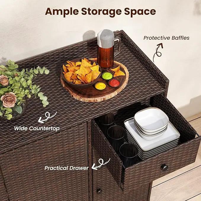 Tangkula Rattan Outdoor Storage Cabinet, Patiojoy Outdoor Cabinet with 4 Adjustable Shelves, 1 Drawer, 3 Doors, Patio Storage Deck Box Table for Patio Garden Poolside (Mix Brown) by GreenHaven Gardens