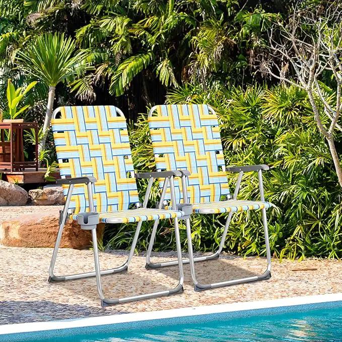 VINGLI Aluminum Patio Lawn Chairs Folding Set of 2 with Detachable Cup Holder, Webbed Beach Chair Folding Chair Outdoor Portable Camping Chair for Yard, Garden by GreenHaven Gardens