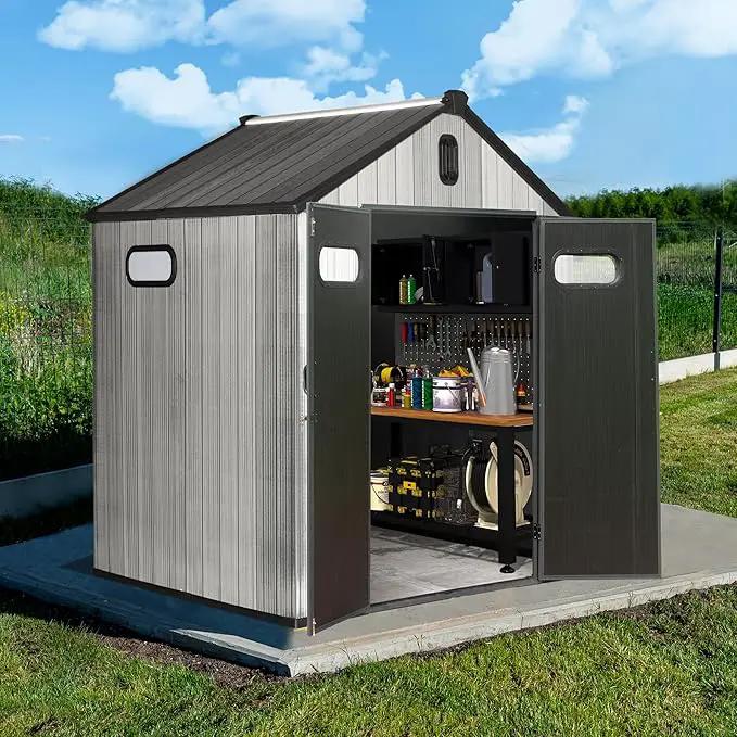 Domi 6x6 FT Outdoor Resin Storage Shed, All-Weather Double-Wall Storage Building for Backyard, Garden, Lawn Tools, Mower, Bike & Pool Equipment, Lockable Doors, Ventilated Roof, Grey by GreenHaven Gardens