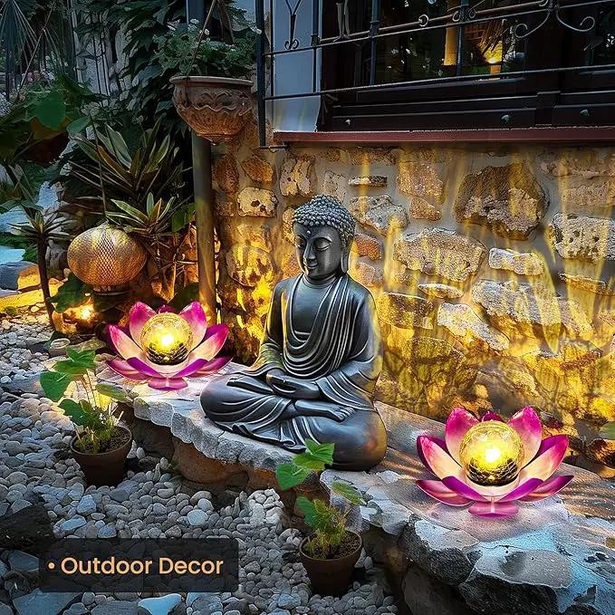 GIGALUMI Solar Light Outdoor Garden Decor, Lotus Flower Light Crackle Globe Glass Lantern Outdoor Table Decor Waterproof for Patio, Lawn, Pathway, Pool, Pond, Christmas Gift (Pink Petal) by GreenHaven Gardens