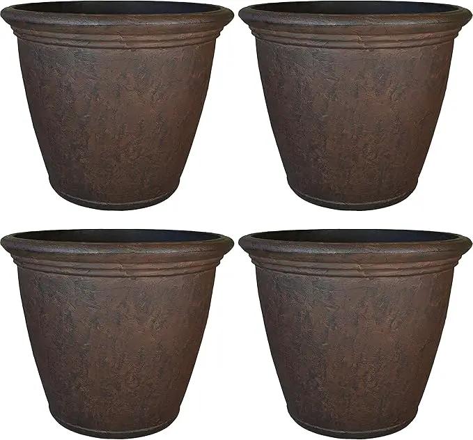 Sunnydaze 24-Inch Anjelica Large Plastic Pot for Plants - Outdoor Polyresin Round Planter with Drillable Drainage Holes - Rust - 4pk by GreenHaven Gardens