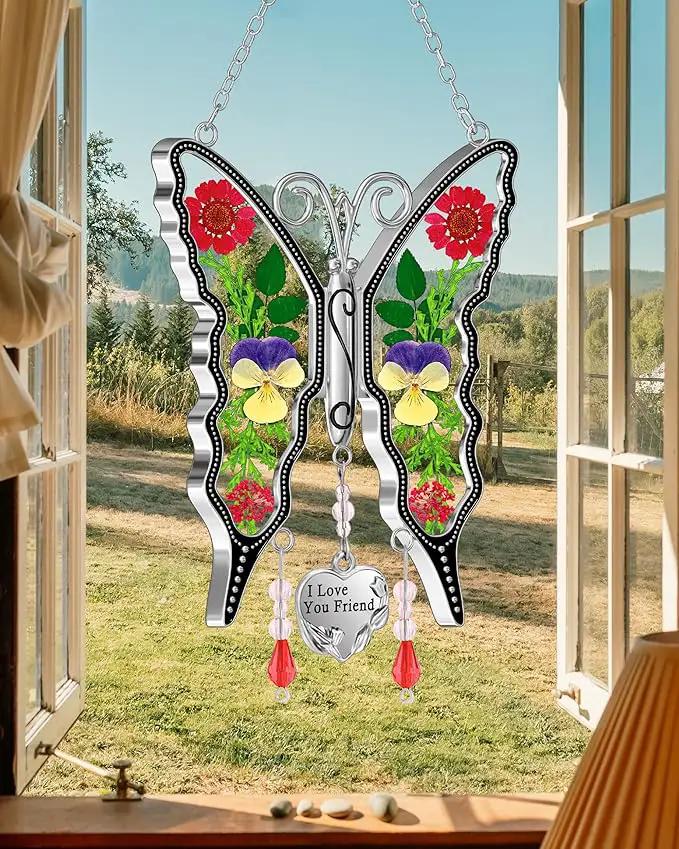 KY&BOSAM Butterfly Suncatcher I Love You Friend Gift Stain Glass Sun Catcher for Window Hanging Wind Chime with Pressed Flower Wings in Glass and Heart Charm Birthday Gift for Mother`s Day Christmas by GreenHaven Gardens
