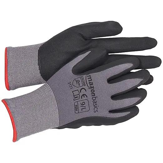 Amazon Basics Micro-Foam Nitrile Coated Work Gloves, Nylon Liner Fiber, Touch Screen, Grey, Size 9/L, 12 Pairs by GreenHaven Gardens