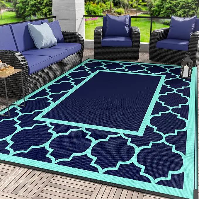 GENIMO 5 ' x 8 ' Outdoor Rug for Patio, Waterproof Indoor Outdoor Plastic Straw Rugs Carpet, Reversible Outside Area Mat for Camping, Balcony Porch, Deck, Picnic, Beach Navy Blue & Jade Green by GreenHaven Gardens