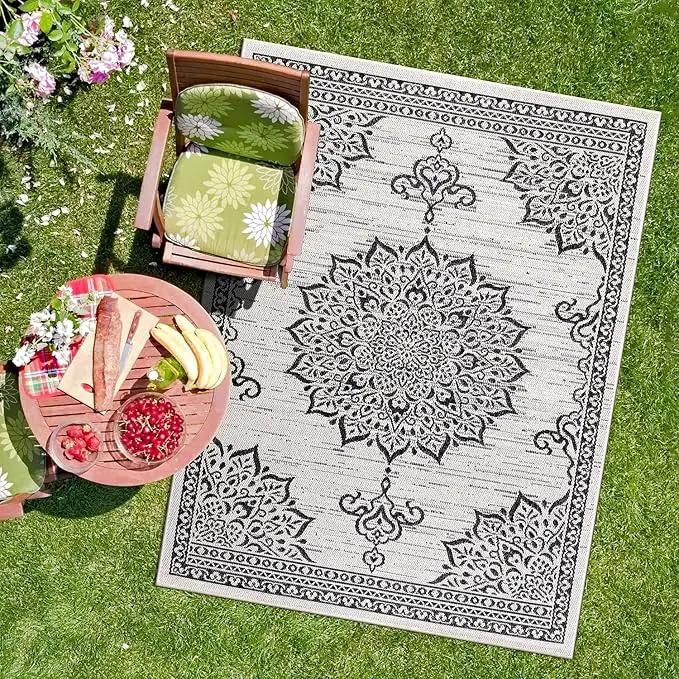CAMILSON Outdoor Rug, 5x7 Medallion White Black Modern Area Rugs for Indoor and Outdoor Patios, Kitchen and Hallway Mats, Washable Porch Deck Outside Carpet (Medallion White, 5 x 7) by GreenHaven Gardens