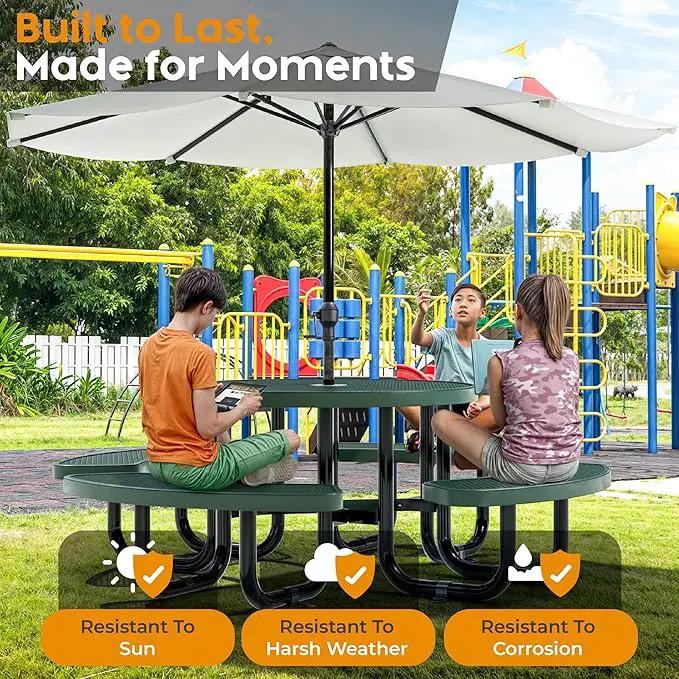 Metal Picnic Tables for Kids for Outdoors with Umbrella Hole - Coated Steel Heavy Duty Commercial Grade Table with Adjustable Seats (Green, 38 in, Kids, Expanded Steel) by GreenHaven Gardens
