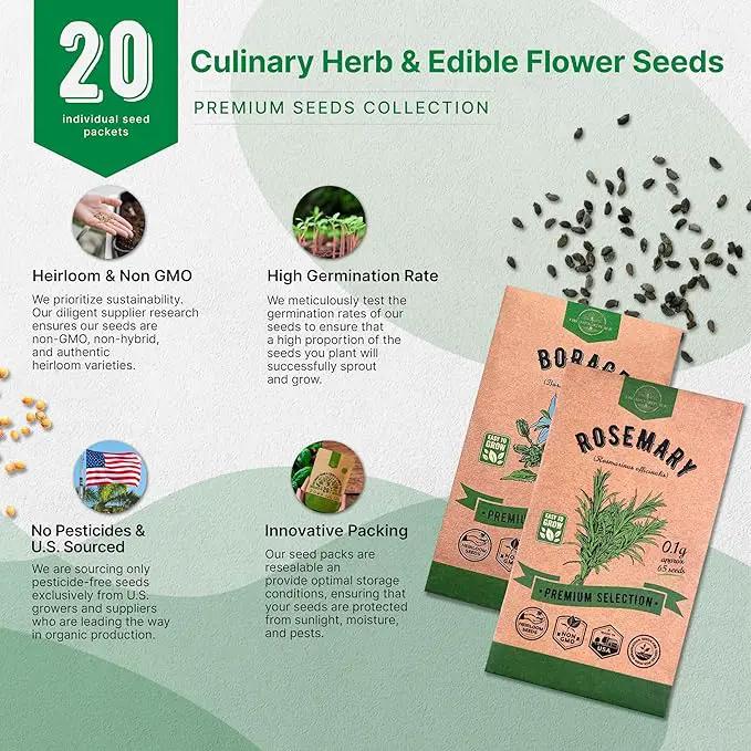 Organo Republic 20 Culinary Herbs & Edible Flower Seeds Variety Pack for Planting Indoor & Outdoor. 9500+ Non-GMO Heirloom Flower Garden Seeds: Basil, Borage, Echinacea, Lavender, Oregano & More by GreenHaven Gardens