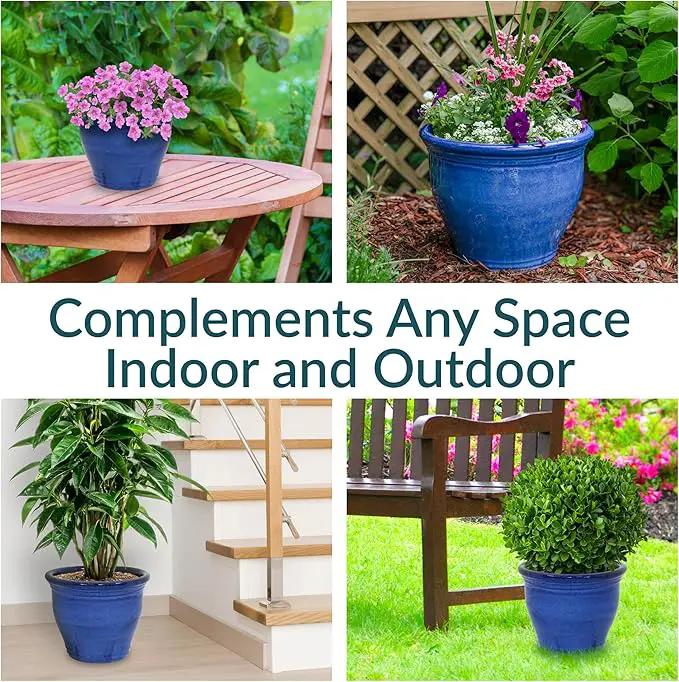 Sunnydaze Studio Large Ceramic Plant Pot - Round Outdoor Glazed Ceramic Planter Pot with Drainage - Imperial Blue - 14.5" by GreenHaven Gardens