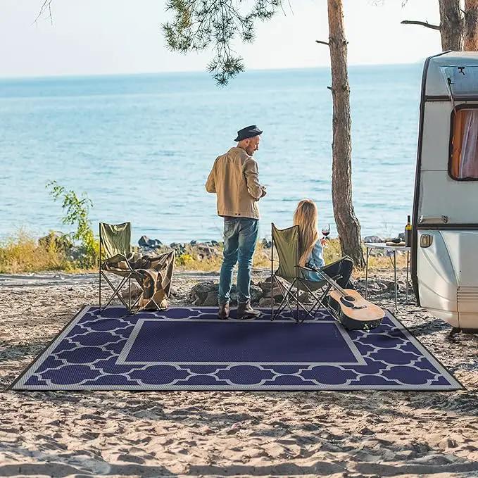 GENIMO Outdoor Rug 9' x 12' Patio Waterproof, Foldable Reversible Plastic Straw Area Rugs Mat for Camper Decor, Outside Carpet for Rv, Deck, Porch, Picnic, Beach, Balcony, Blue & Grey by GreenHaven Gardens