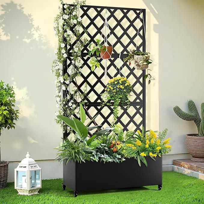 Metal Planter Trellis Box with Wheels & Drain Plug Outdoor Raised Garden Bed Patio Privacy Screen with Planter for Climbing Plants, Vegetables 73"x35"x16" Black-Diamond by GreenHaven Gardens