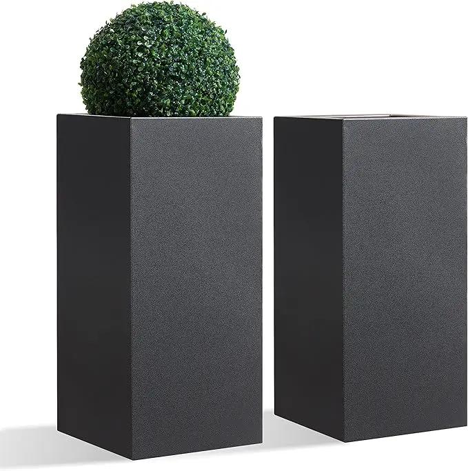 Metallic Heavy Tall Outdoor/Indoor Planter Box, Rectangular, 14Lx14Wx30H Inches, ‎25LBS/PC, Dark Gray, No Assembly Required and Seamless, Set of 2 by GreenHaven Gardens