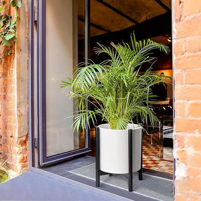 D'vine Dev Planter Pot with Stand - 16 Inch Plastic Cylinder Flower Pot with Wood Planter Holder for Indoor, Matte White Pot + Ebony Stand, 55-C-Z-1 by GreenHaven Gardens