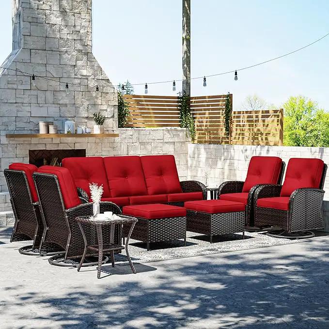 Joyside 9 Piece Patio Furniture Set, Outdoor Wicker Conversation Sets with Swivel Rocker Chairs and Sofa, Thick Cushion, Rattan Patio Sectional for Porch, Deck Use (Brown/Red, 9 PCS) by GreenHaven Gardens