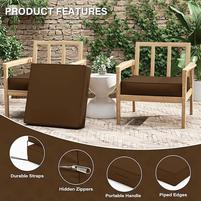 Patio Chair Cushions 24 X 24 X 5 Inch Waterproof Outdoor Seat Cushions for Patio Furniture, Outdoor Sofa Couch Pads with Ties & Handle, Set of 2, Chocolate by GreenHaven Gardens