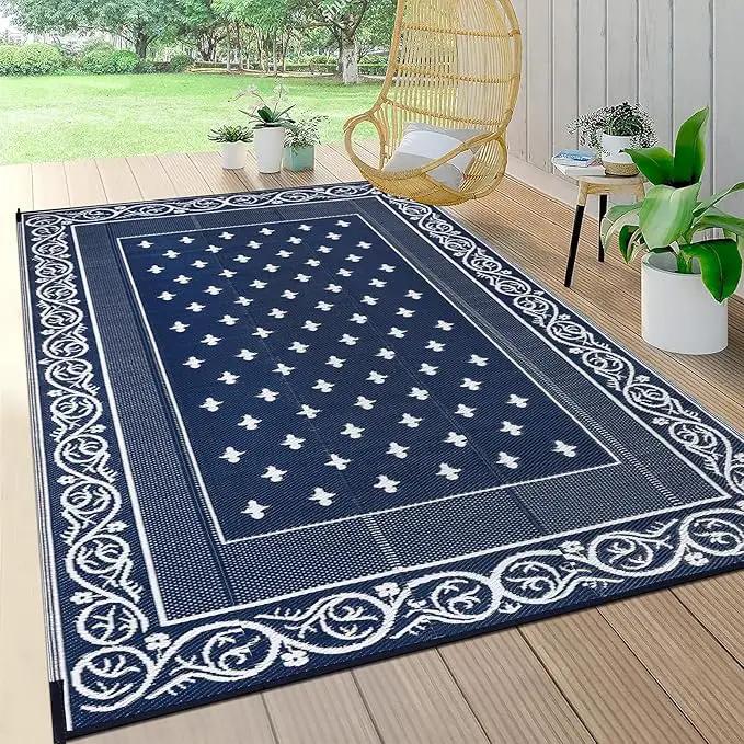 Pauwer Waterproof Outdoor Rug 6x9, Reversible Plastic Straw Patio Camping Rug, Indoor Outdoor RV Mat Carpet for Deck, Camper, Porch, Balcony, Backyard, Picnic, Bordered Navy by GreenHaven Gardens