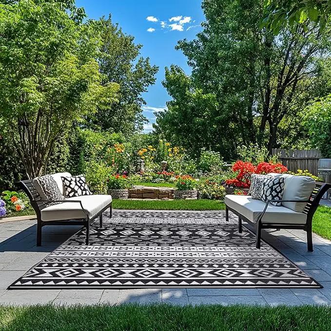 WILDROOTS 9x12 Feet Black and White Plastic Outdoor Rug, Stain Resistant Waterproof Reversible Outdoor Patio Rug, Fade Resistant Camping Rug by GreenHaven Gardens