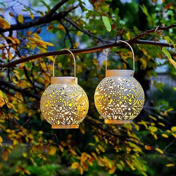 Set of 2 Outdoor Solar Hanging Lantern Lights Metal LED Decorative Lamp for Garden Patio Courtyard Lawn and Table with Hollowed-Out Design (White) by GreenHaven Gardens