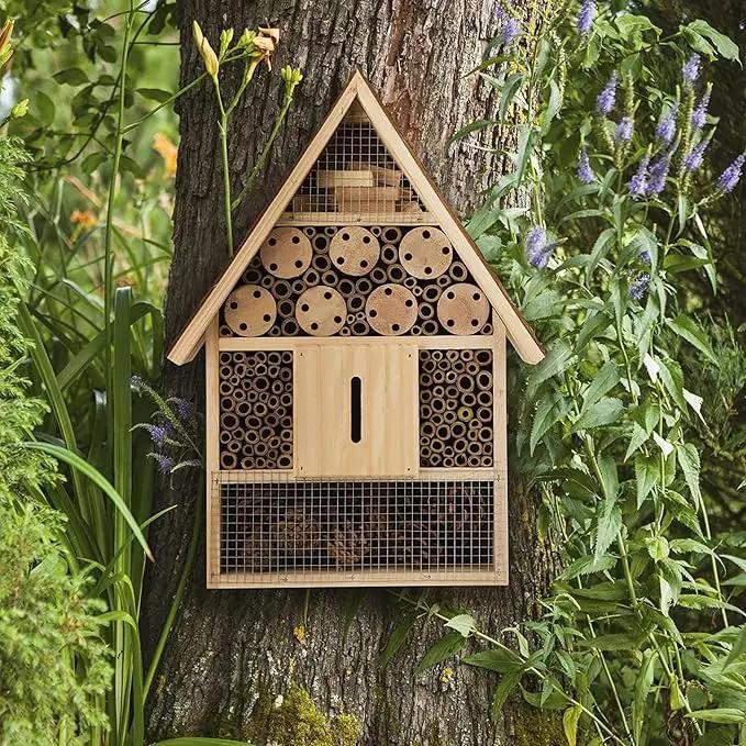 I Large Insect Hotel with bark roof Natural, Weatherproof, Insect House Made of Natural Wood for Bees, Ladybugs, lacewings, Butterflies, bee Hotel, Nesting aid for Hanging by GreenHaven Gardens