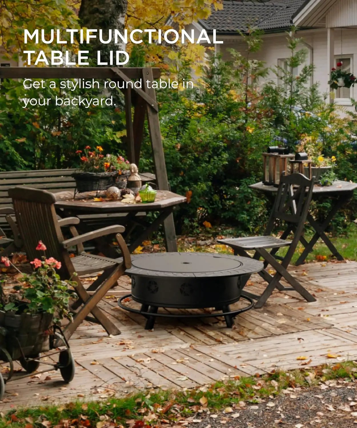 43 Inch Fire Pit with BBQ Grill, Wood Burning Fire Pits for Outside with Lid & Poker, Extra Large Heavy Duty Firepits, BBQ & Outdoor Firepit & Round Metal Table 3 in 1 for Bonfire, Patio, Picnic by GreenHaven Gardens