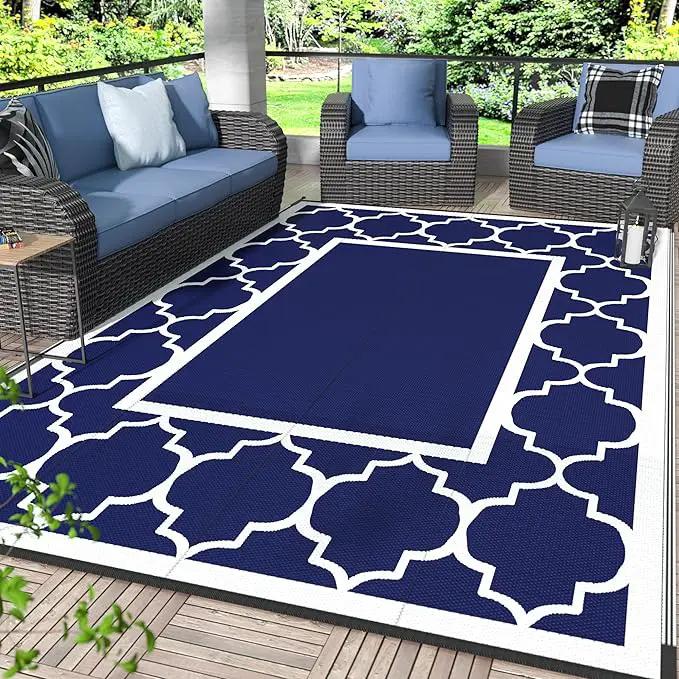 GENIMO 6' x 9' Outdoor Rug Waterproof for Patio Decor, Foldable Reversible Plastic Straw Area Rugs Mat for Camper, Outside Carpet for Rv, Deck, Porch, Picnic, Beach, Balcony, Blue & Grey by GreenHaven Gardens