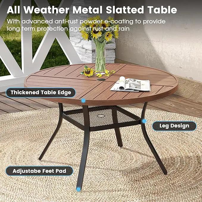 DIFY 40.6" Round Outdoor Patio Dining Table for 4, All-Weather Metal Steel Slatted Patio Table with 1.57" Adjustable Umbrella Hole, for Lawn Garden Porch Backyard, Walnut by GreenHaven Gardens