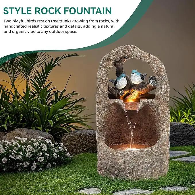 27" Outdoor Water Fountain with LED Lights,2-Tier Bird Natural Zen Garden Fountain, Relaxing Waterfall Floor, Yard, Porch or Deck Decor, Whether-Resistant, Faux Granite Texture by GreenHaven Gardens