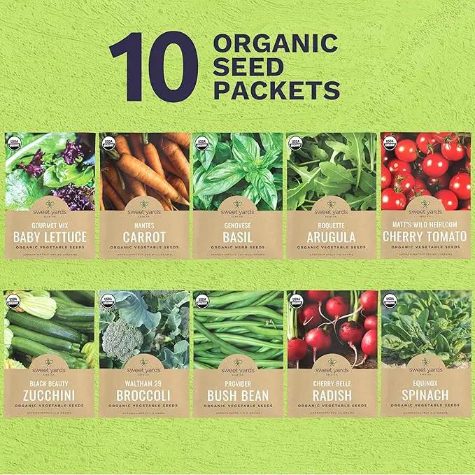 Organic Seeds Essential Variety Pack - 10 Individual Packs - 2025 Season - Summer Squash, Cherry Tomatoes, Arugula, Broccoli and More! for Indoor & Outdoor Planting (Non-GMO, Certified Organic) by GreenHaven Gardens