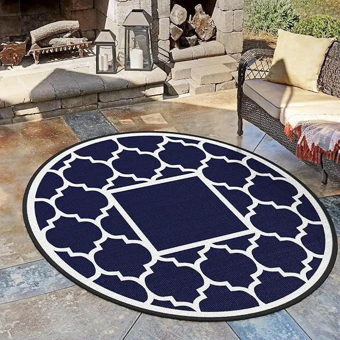 GENIMO 8' Round Outdoor Rug Waterproof for Patio Decor, Foldable Reversible Plastic Straw Area Rugs Mat for Rv, Outside Carpet for Camper, Deck, Picnic, Beach, Balcony, Camper, Blue & White by GreenHaven Gardens