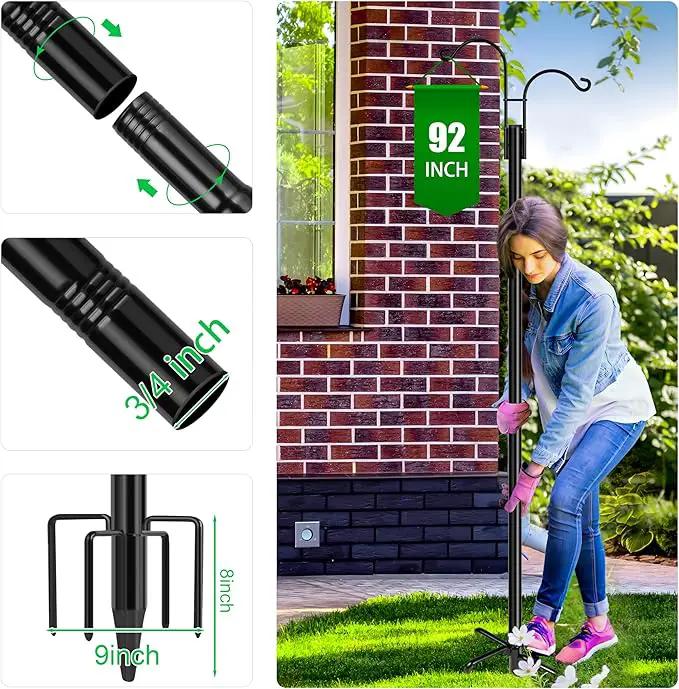 XDW-GIFTS Double Shepherds Hooks for Outdoor, 2-Pack Heavy Duty Garden Pole for Hanging Bird Feeder, Plant Baskets, Solar Light Lanterns, Garden Plant Hanger Stands with 5 Base Prongs by GreenHaven Gardens