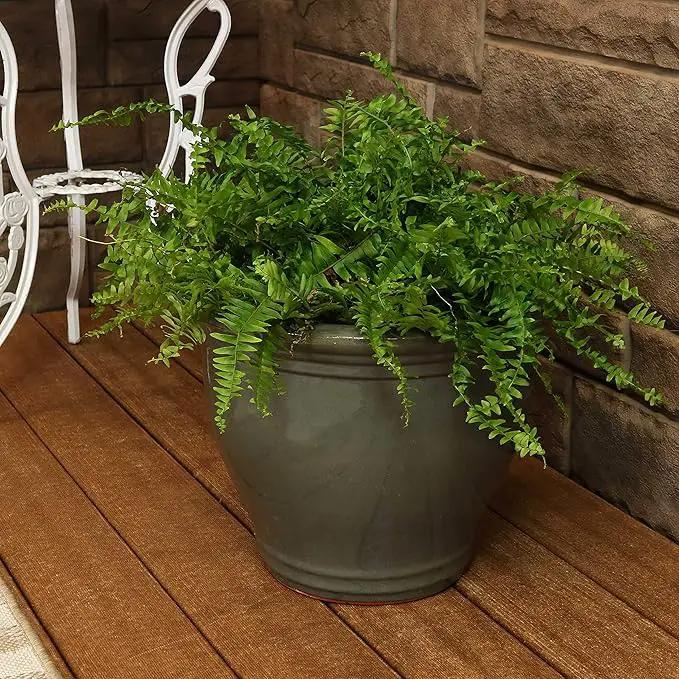 Sunnydaze 15" Large Ceramic Plant Pot - Round Outdoor Glazed Ceramic Planter Pot with Drainage - Gray - Studio by GreenHaven Gardens