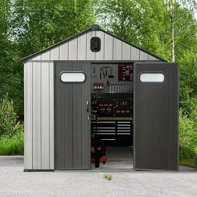 Domi 8x12 FT Outdoor Resin Storage Shed, All-Weather Double-Wall Storage Building for Backyard, Garden, Lawn Tools, Mower, Bike & Pool Equipment, Lockable Doors, Ventilated Roof, Grey by GreenHaven Gardens