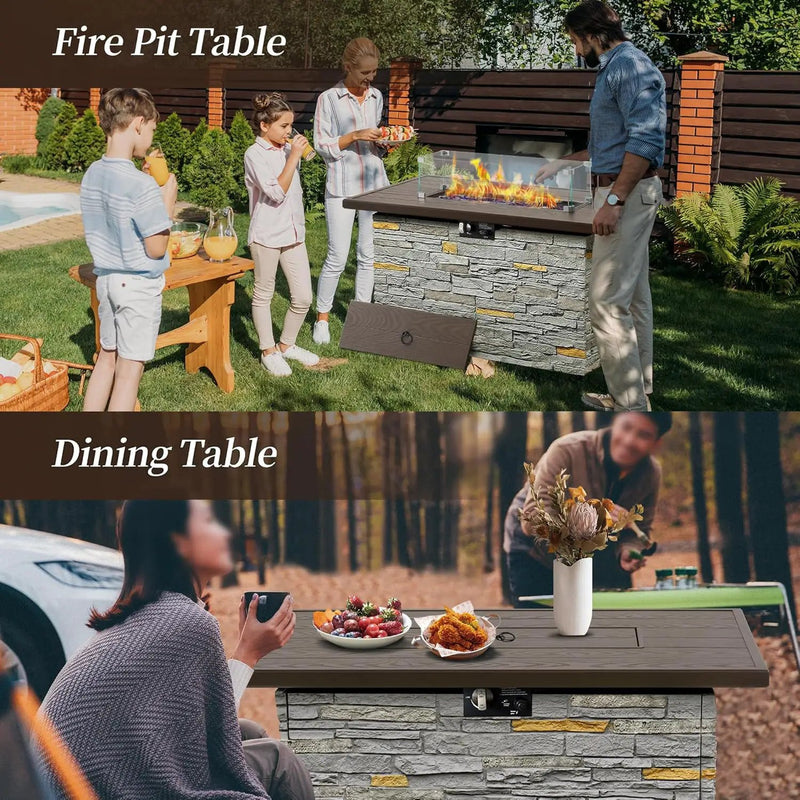 43¡± Propane Fire Pit Table Outdoor Rectangular Stone Firepit Table 50,000 Btu Propane Fire Tables for Outside Patio with Glass Wind Guard, Lid, Fire Glass Beads,Brown Rock Look by GreenHaven Gardens