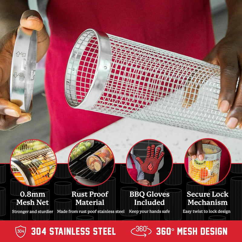 BLAZIN' GRILL Rolling Grill Basket | Rolling Grilling Baskets for Outdoor Grilling 2 Pcs | Barbecue Grill Set with BBQ Gloves | Portable Camping Net Rack Perfect for Vegetables, Seafood & Meat by GreenHaven Gardens