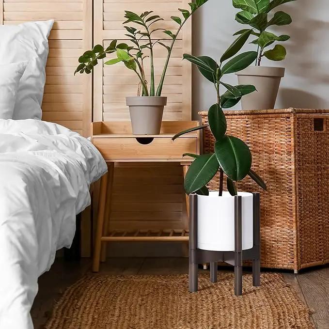 D'vine Dev Planter Pot with Stand - 8 Inch Plastic Cylinder Flower Pot with Wood Planter Holder for Indoor, Matte White Pot + Walnut Color Stand, 55-C-I-1 by GreenHaven Gardens