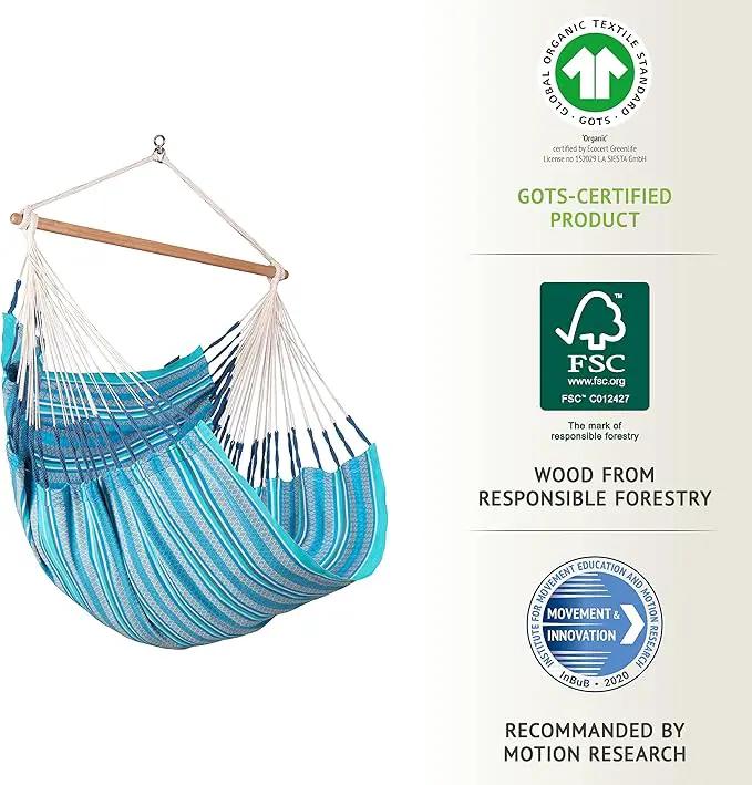 La Siesta® Large Comfort Habana Cotton Hanging Hammock Chair, Indoor Outdoor Hammock Swing Chair, Boho Hanging Chair Bedroom Patio, Max 285 Lbs, Azure by GreenHaven Gardens