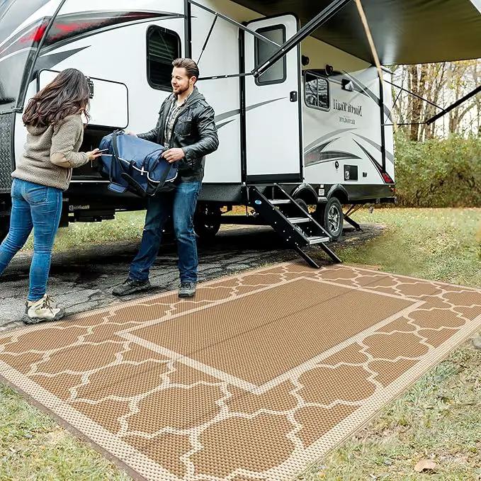 GENIMO 6' x 9' Outdoor Rug Waterproof for Patio Decor, Foldable Reversible Plastic Straw Area Rugs Mat for Camper, Outside Carpet for Rv, Deck, Porch, Picnic, Beach, Balcony, Brown & Beige by GreenHaven Gardens