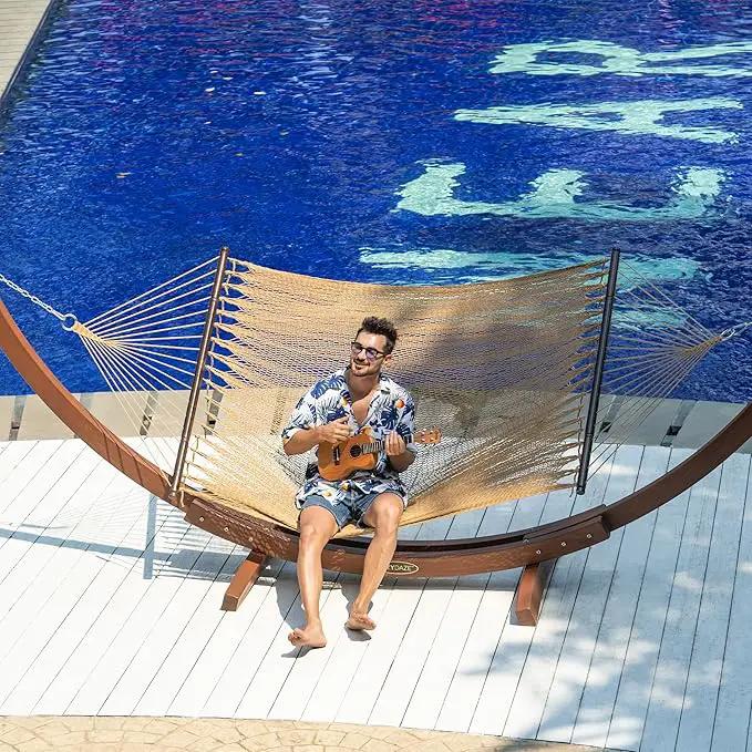Lazy Daze Hammocks 10.5 FT Double 2 Person Caribbean Rope Hammock, Hand Woven Polyester Hammock with Spreader Bars, for Outside Outdoor Backyard Patio Poolside,450 LBS Capacity, Tan by GreenHaven Gardens