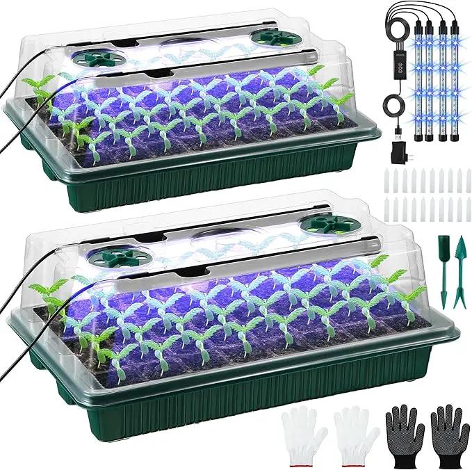 2 Pack Seed Starter Tray with Grow Light High Dome Seed Germination Kit 80 Cells with 4 LED Grow Lights Seedling Starter Kit with Smart Timer and 3 Modes for Home Gardeners, Indoor Greenhouse by GreenHaven Gardens