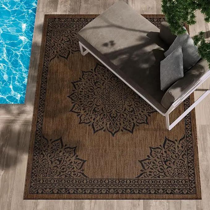 CAMILSON Outdoor Rug, Modern Area Rugs for Indoor and Outdoor Patios, Kitchen and Hallway mats, Washable Porch Deck Outside Carpet (6 x 9, Medallion Nut Brown) by GreenHaven Gardens