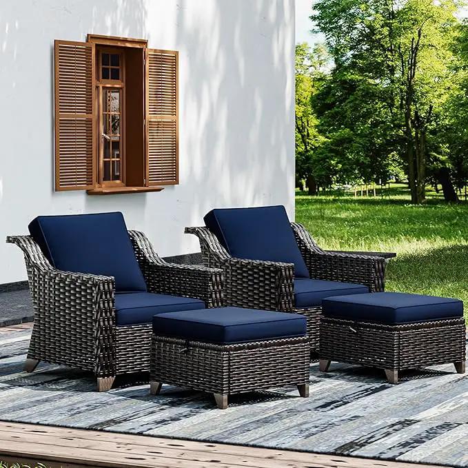 Joyside Wicker Patio Furniture Sets, 4 Pieces Upgraded Large Size Outdoor Furniture with Patio Dining Chairs and Outdoor Ottoman, Thick Cushions, Wide Armrest by GreenHaven Gardens