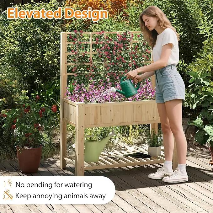 Giantex Raised Garden Bed with Trellis, Wooden Elevated Planter Box with Legs, Drainage Holes for Climbing Plants Vines Vegetables Flowers Herbs, Outdoor Horticulture Planter for Patio Yard by GreenHaven Gardens