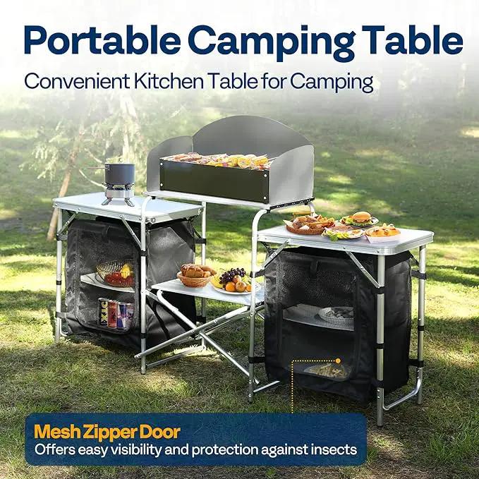 VIVOHOME Folding Camping Kitchen Station Table with Storage Organizer, 2 Side Tables, Stainless Steel Windscreen, Outdoor Portable Cook Station for BBQ, Picnics by GreenHaven Gardens