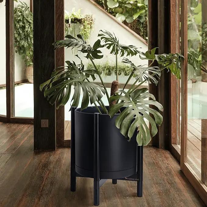 D'vine Dev Planter Pot with Stand - 16 Inch Plastic Cylinder Flower Pot with Wood Planter Holder for Indoor, Matte Black Pot + Ebony Stand, 55-C-Z-2 by GreenHaven Gardens